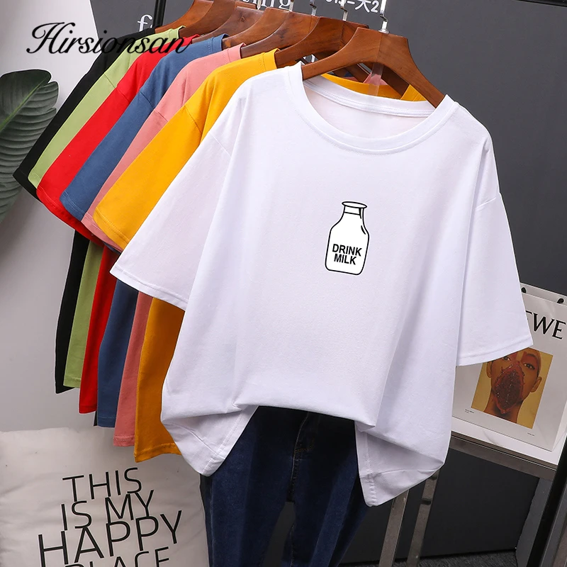 

Hirsionsan 7 color Printed T Shirt Women 2020 New Harajuku Korean Oversized 100% Cotton Summer Tees Ins Soft Female Tops