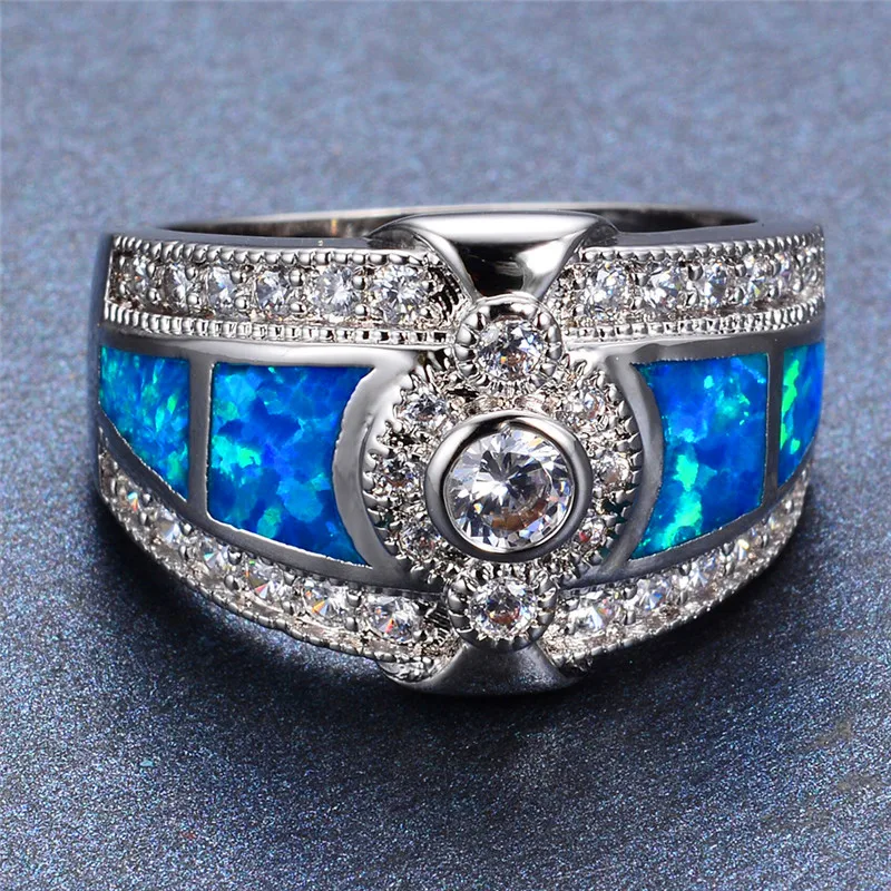 

Vintage Female White Blue Opal Jewelry Classic Silver Color Wedding Rings For Women Charm Round Crystal Stone Engagement Ring