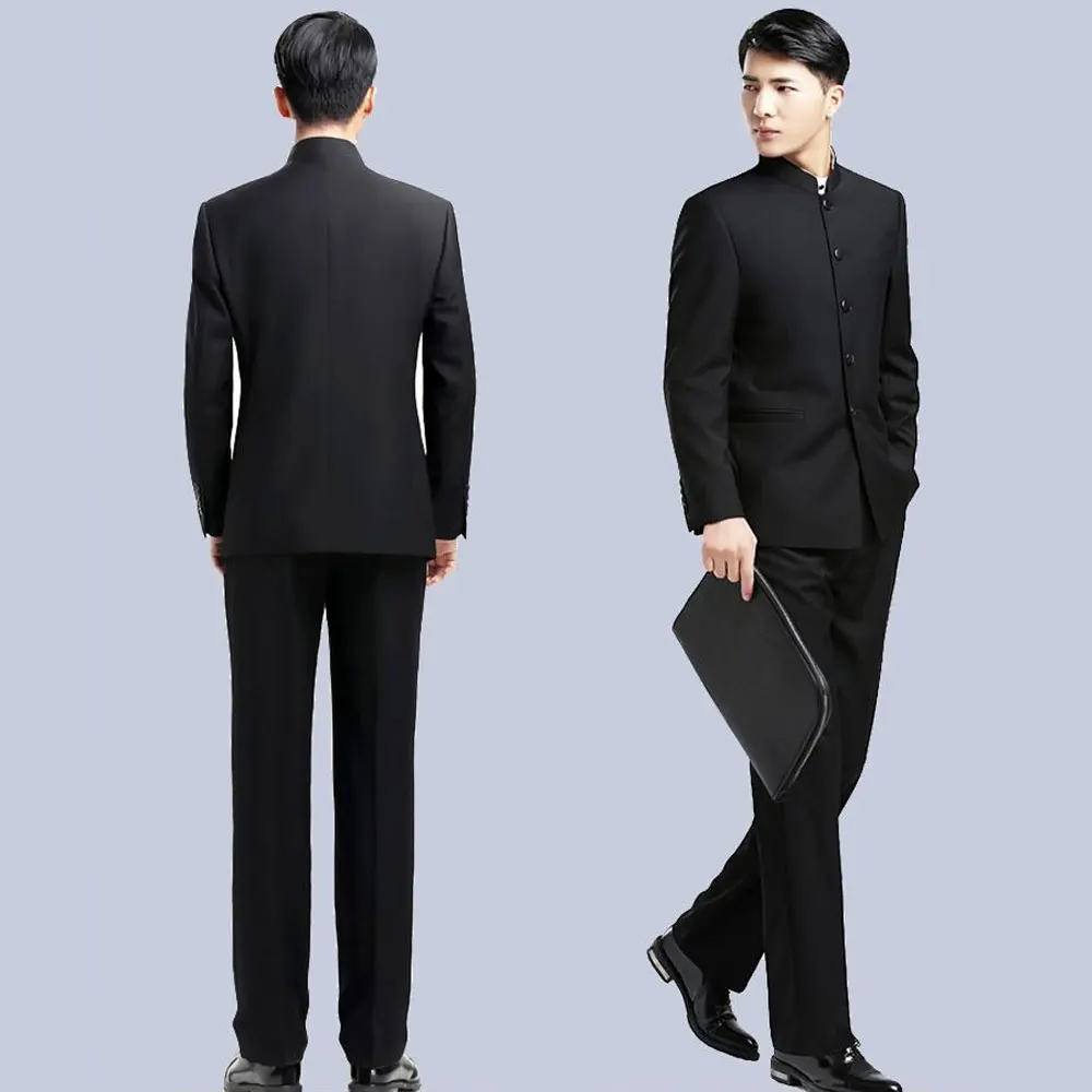 

Blazer Black Chinese Stly Suit Mens Stand Collar Suit Leader Clothing Male Embroidery Dragon Totem Suit Tang Suit Two Piece Set