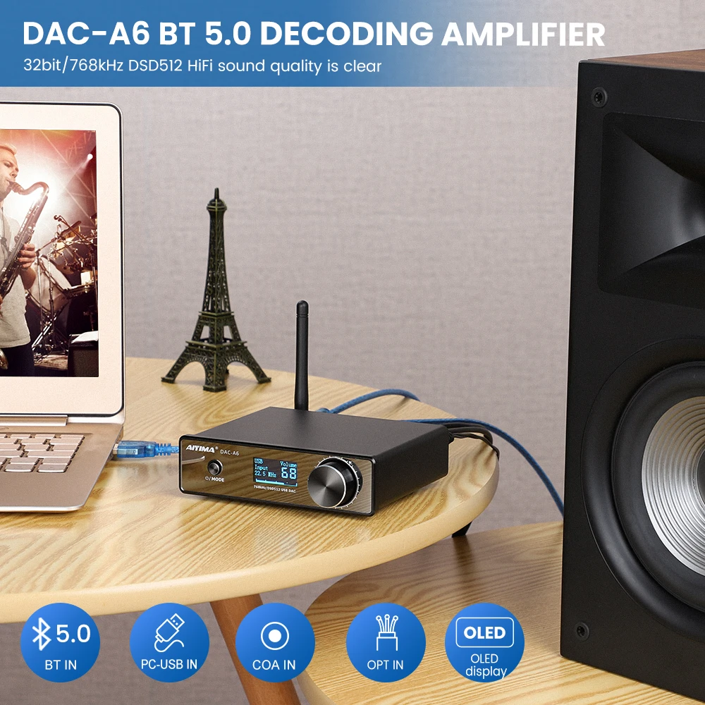 AIYIMA DAC A6 BT ESS9038Q2M HIFI XMOS XU208 усилитель 32 бит 768 кГц DSD512 USB APTX-HD der аудио COAX оптический с
