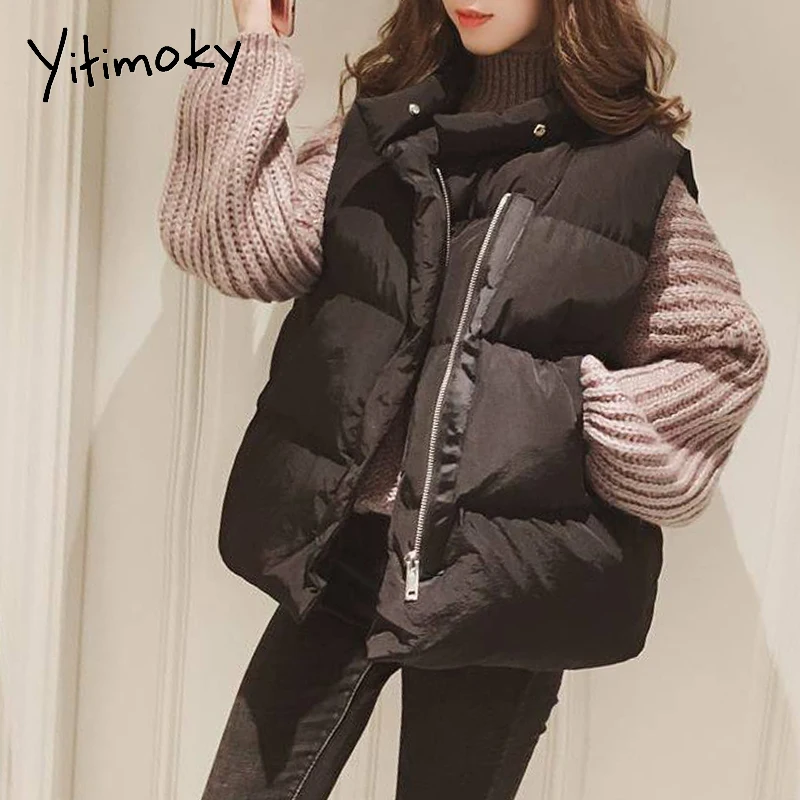 

Yitimoky Thick Cotton Padded Vest Sleeveless Coats Women Jacket Warm Winter Waistcoat Clothing Female Fashion Loose Stand Collar