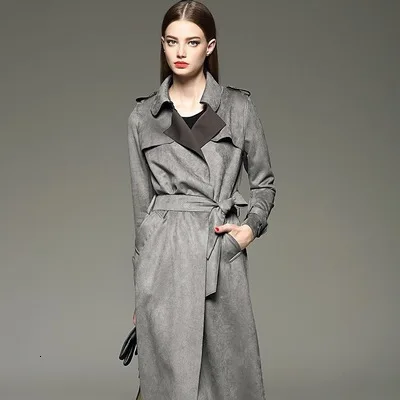 Модный женский длинный тонкий замшевый Тренч Осень-зима длинное пальто