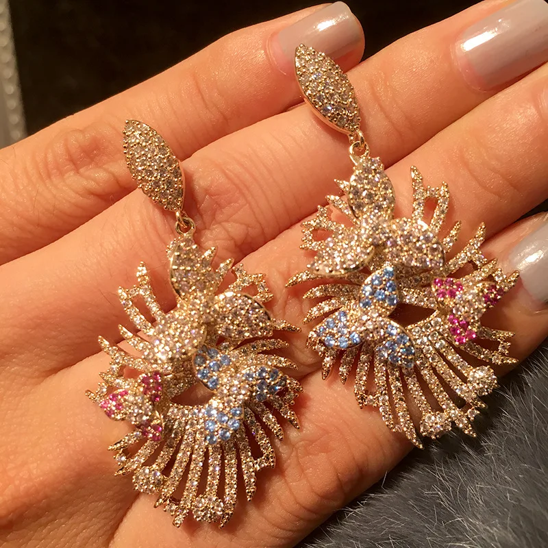 

High Quality Luxury Cubic Zircon Flower Petal Earrings Atmospheric Banquet Wedding Women's Gold Color Charms Sexy Jewelry