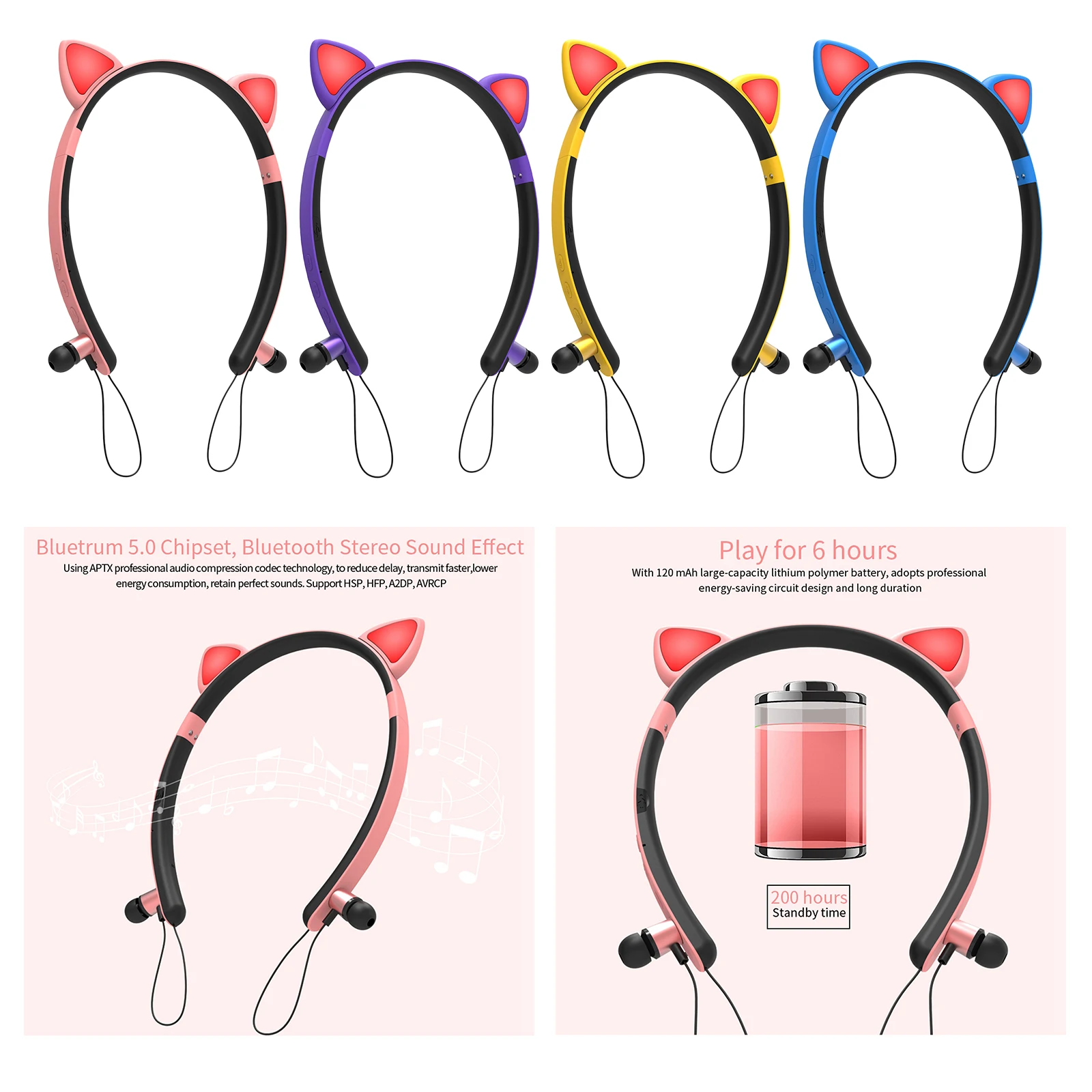 

Cat Ear Wireless Bluetooth Headset In-Ear Stereo Headphones EarBuds Mic New
