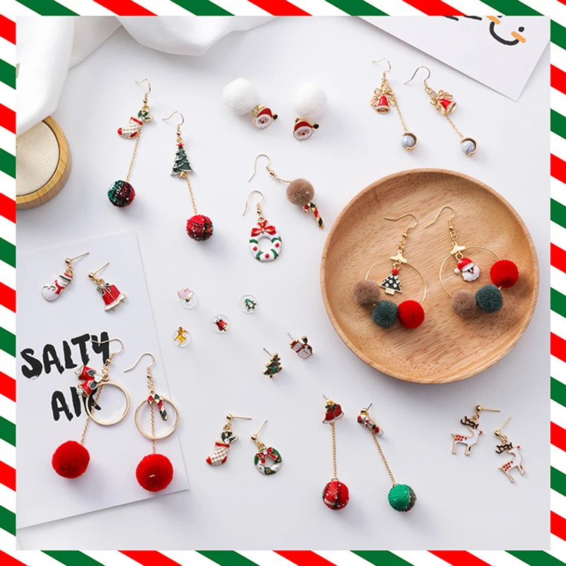 

christmas earrings for women Asymmetry Santa Claus gift tree crutch candy Fashion Earrings long plush ball earrings