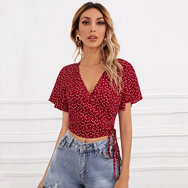 Летние женские Короткие рукава с оборками Топы узором в горошек принтом