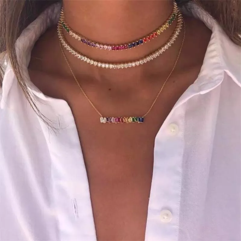 Colgante y collares geométricos de barra de circonia cúbica para mujer, baguetee de arcoíris de alta calidad, collar de oro de cristal colorido, gargantilla de moda, regalos