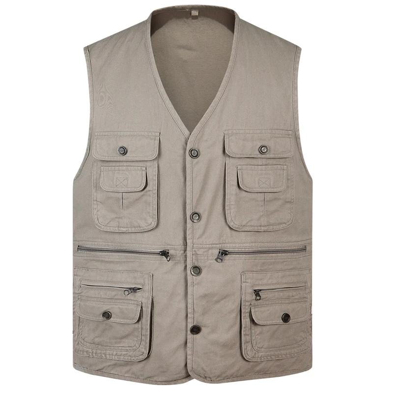 

Classic Vest for Men Summer Thin Multi Pocket Reporter Travel Cotton Button Waistcoat Male Sleeveless Jacket with Many Pockets