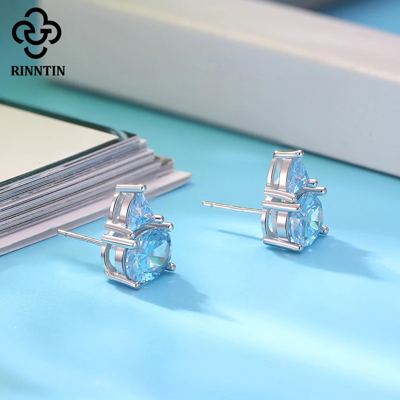 Rinntin чистое серебро 925 пробы геометрические серьги гвоздики с ослепительным