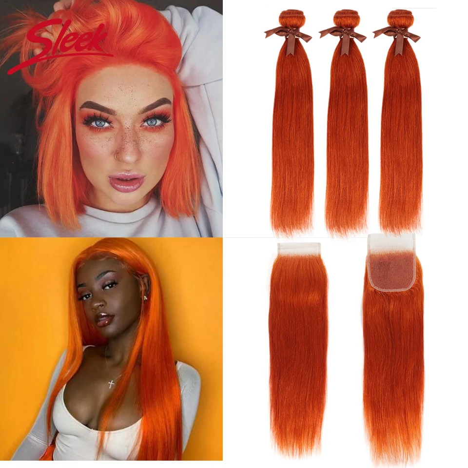 Sleek Mink Orange and Red Blonde Color Brazilian Straight Bundles With Lace Closure 8-28 Inches Remy Human Hair Weave Bunldes