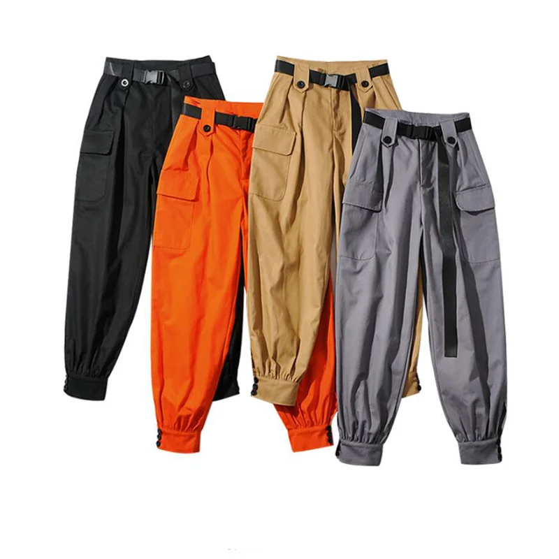 

Fashion Streetwear Women Pants Simple Vintage With Belt Harajuku Black Cargo Pants Korean High Waist Casual Harem Trousers