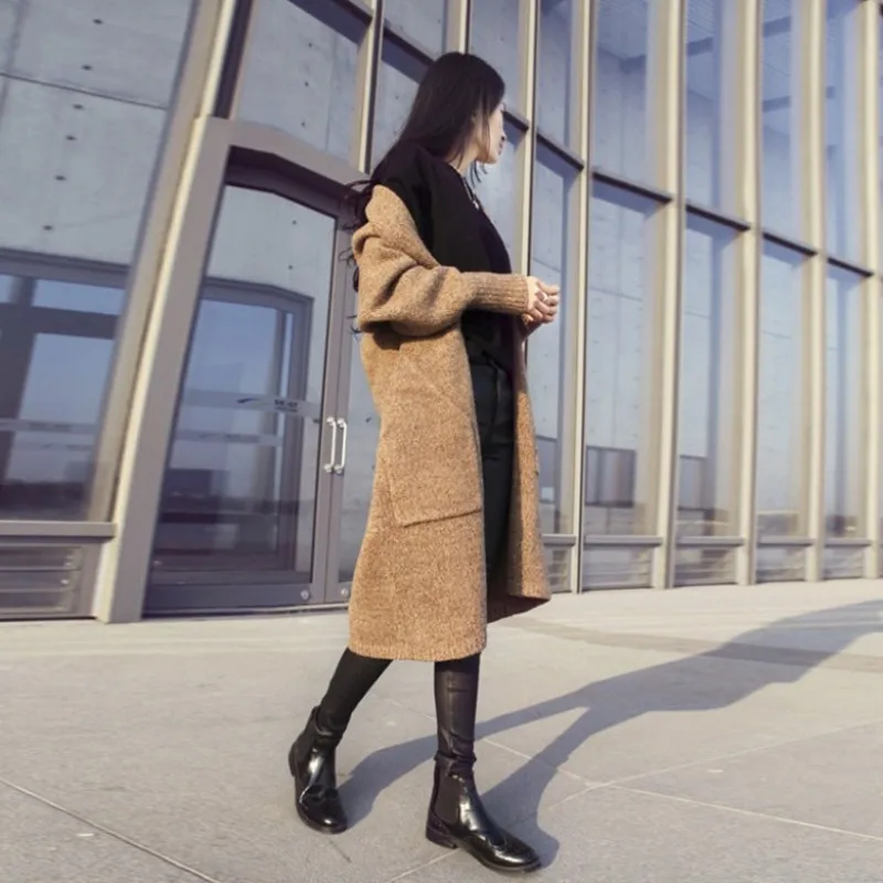 Женский вязаный свитер с карманами повседневный однотонный Свободный кардиган