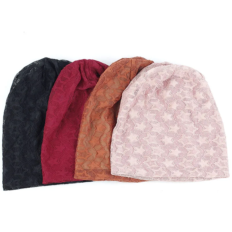 Женские зимние сетчатые двухслойные шапочки со звездами повседневные мягкие