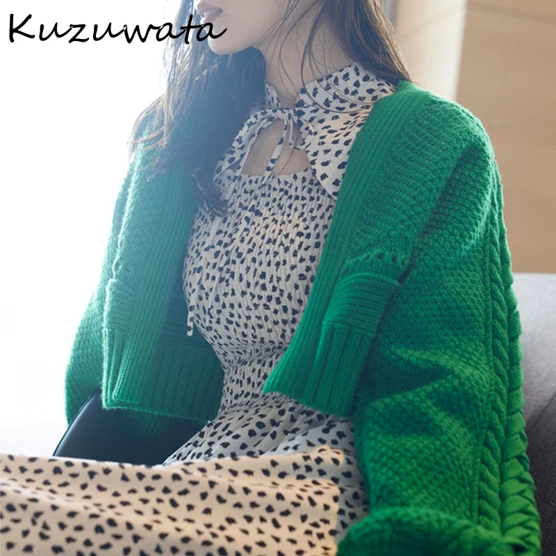 Женский короткий вязаный кардиган Kuzuwata свободный свитер с длинным рукавом и