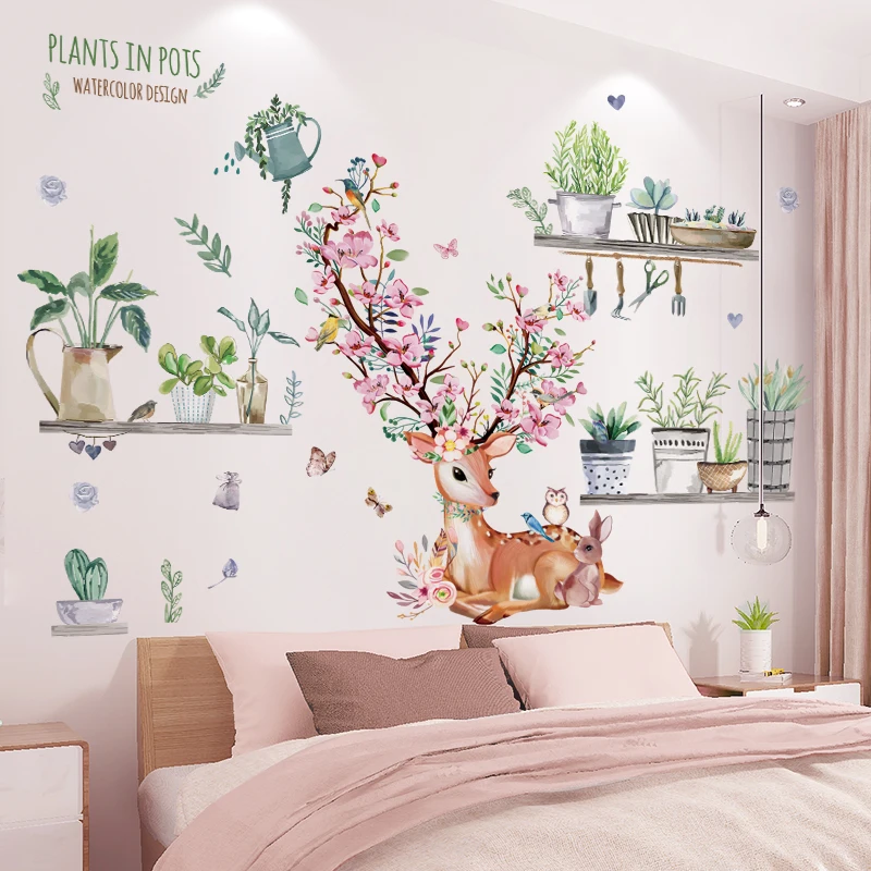 

[shijuekongjian] Potted Plant Wall Sticker DIY Deer Animal Wall Decals for Living Room Kids Bedroom Kitchen House Decoration