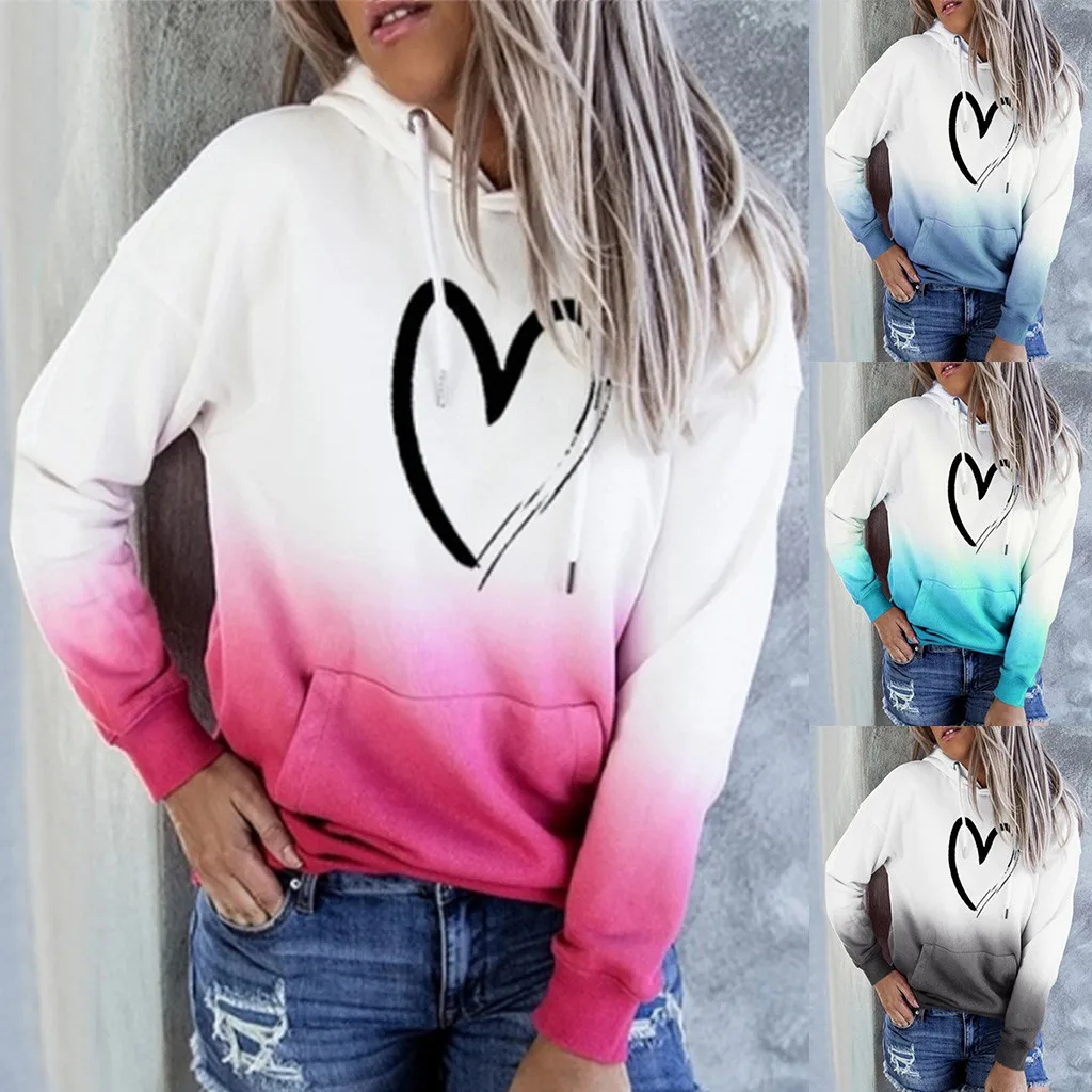 

Fashion Women Plus Size Hooded Sweatshirt Tie-Dye Heart Printed Two Color Gradient Long Sleeve Drawstring Pullover Tops A40