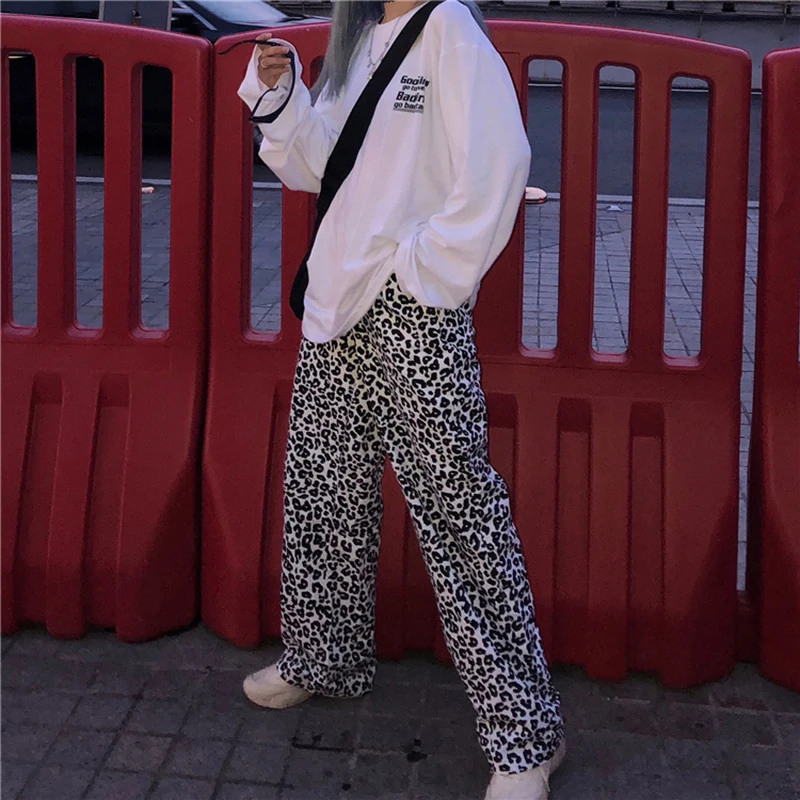 

Retro Leopard Print Trousers Harajuku Street Fashion Loose Casual High Waist Sports Straight-leg Free Pants Korean Style Girl