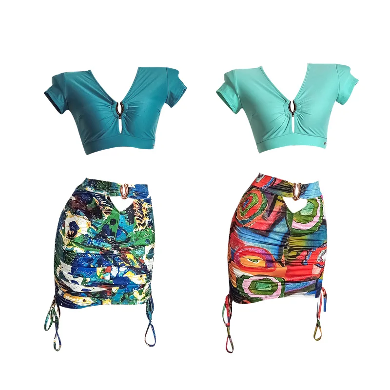 

Женские костюмы для латиноамериканских танцев, костюм с V-образным вырезом, короткий топ с утечками на спине и юбка с принтом на бедрах, одежда для женщин DN10587