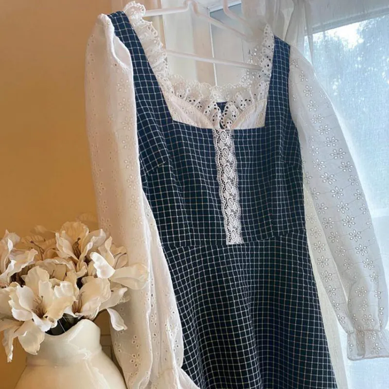 

French Vintage Dress Women Casual Elegant Plaid Midi Sweet Dress Party Long Sleeve Lace one piece dress Korean 2021 Autumn Chic