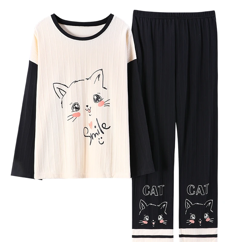 

Pajama Sets Women Cute Cartoon Cat Long Sleeve Pijama Female Sleepwear Simple Soft Autumn Home Clothing