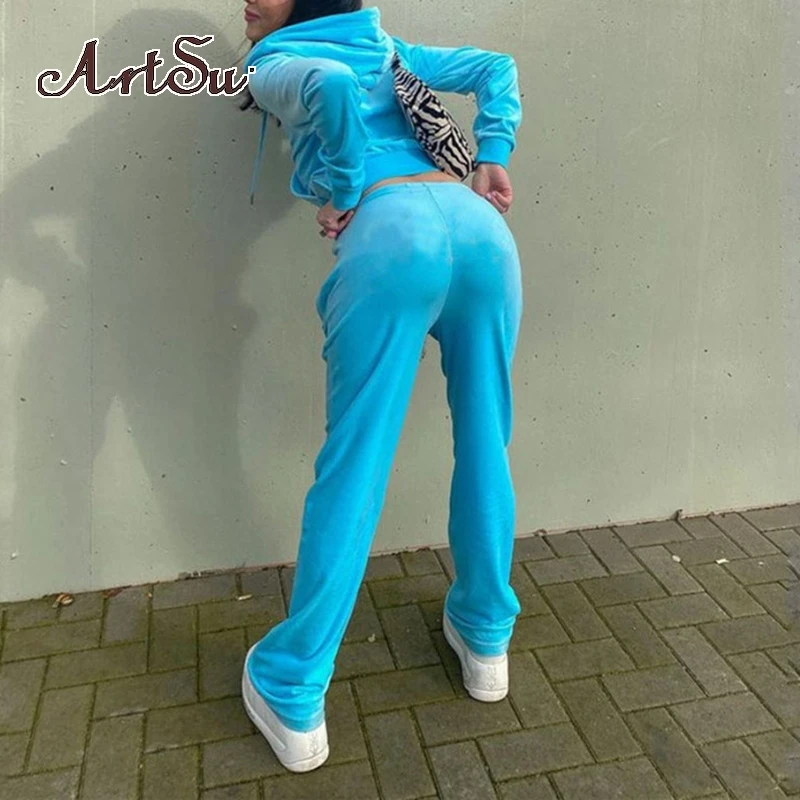 

Artsu Casual Solid Velvet 2 Two Piece Set Women Long Sleeve Zipper Hoodies And Drawstring Wide Leg Pants Streetwear