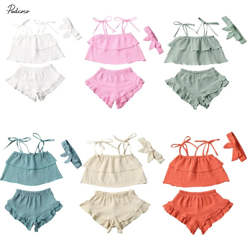 2020 Baby Summer Clothing Infants Girls Top Shorts Lace Pleated Elastic Headband Bow Sleeveless Ruffle 100% Cotton Outfit | Детская