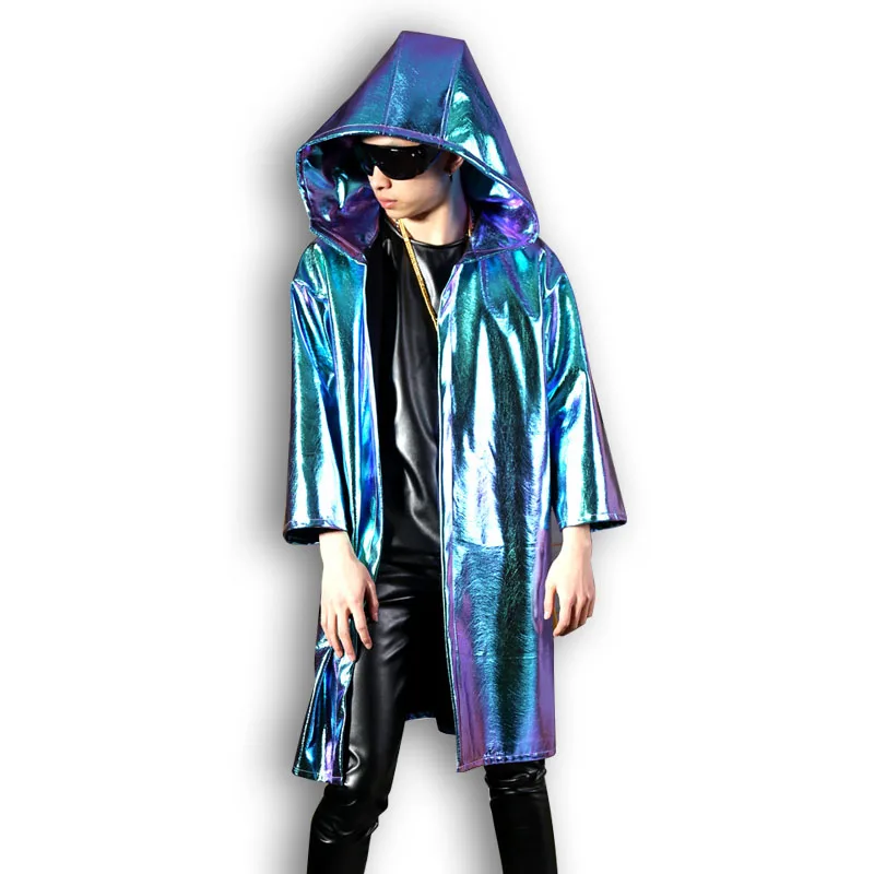 Мужская Одежда для танцев на сцене костюмы мужчин и женщин модный кожаный плащ с
