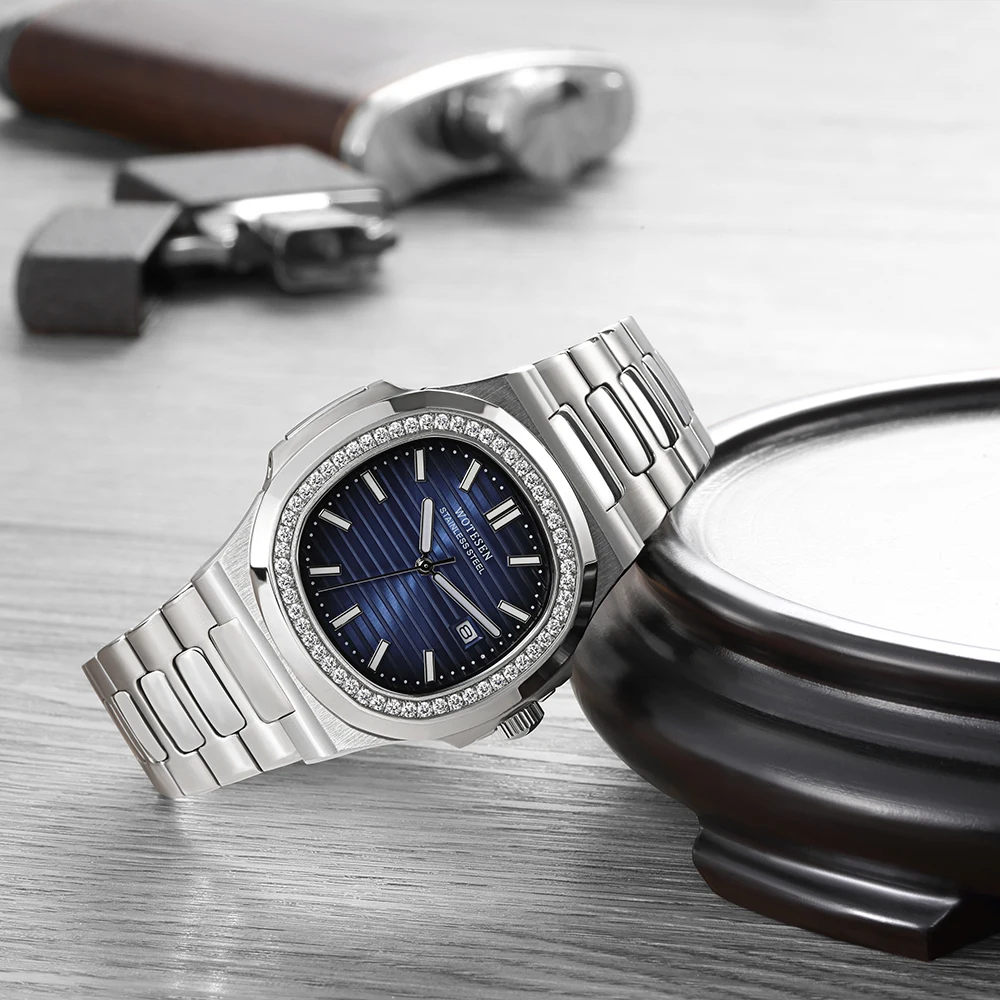 WOTESEN мужские часы лучший бренд Роскошные Алмазные кварцевые спортивные стальные