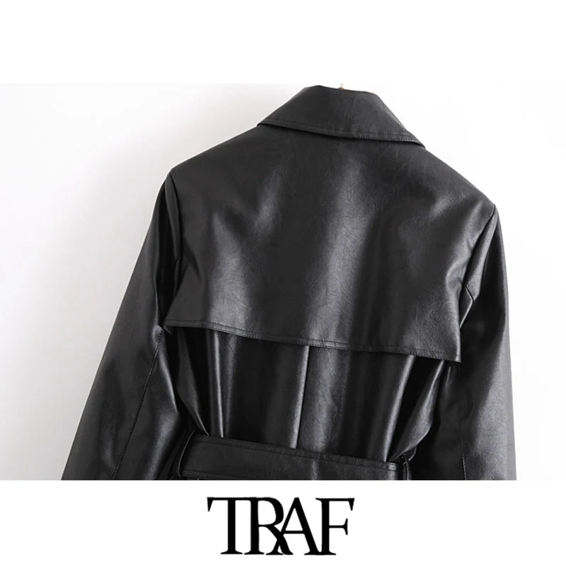 

TRAF Women Chic Fashion With Belt Faux Leahter Trench Coat Vintage Long Sleeve Pockets Female Outerwear Chic Overcoat