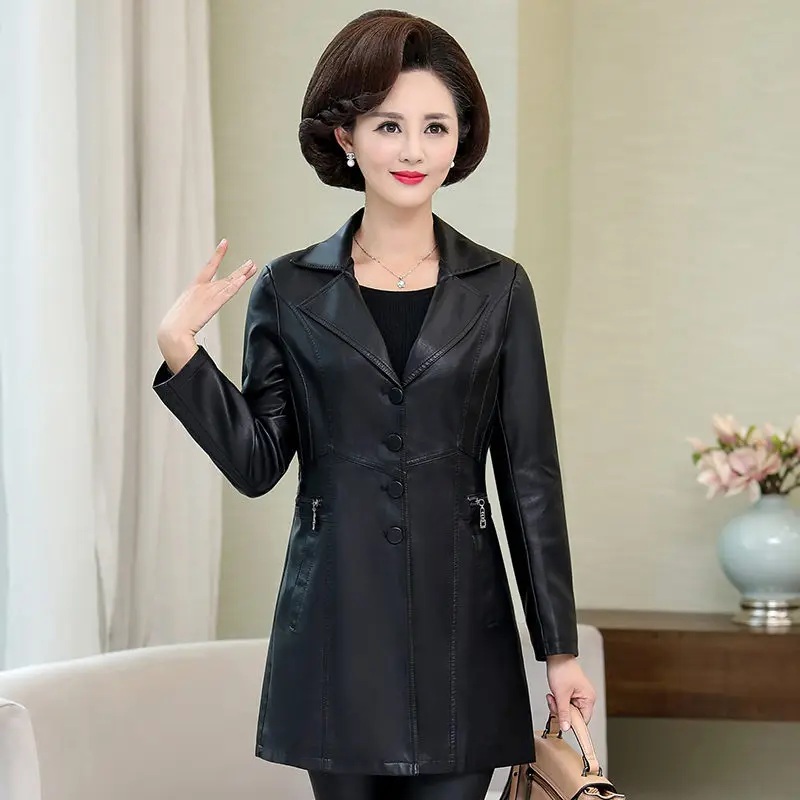 

6XL Leather Jacket Female Mid-length Autumn Large Size PU Leather Slim Windbreaker Coat Suit Collar Single Breasted Tops KN013