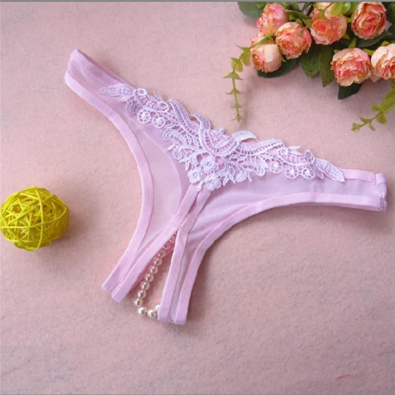 

Women Sexy Opening Crotch Panties Lace Briefs G-string Lingerie Underwear With Pearls Massaging Bead Thongs