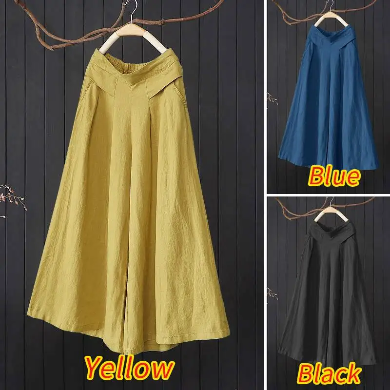 

Female Autumn Long Wide Leg Pants ZANZEA Vintage Pocket Elastic Waist Trousers Women's Casual Solid Pleated Pants Oversized