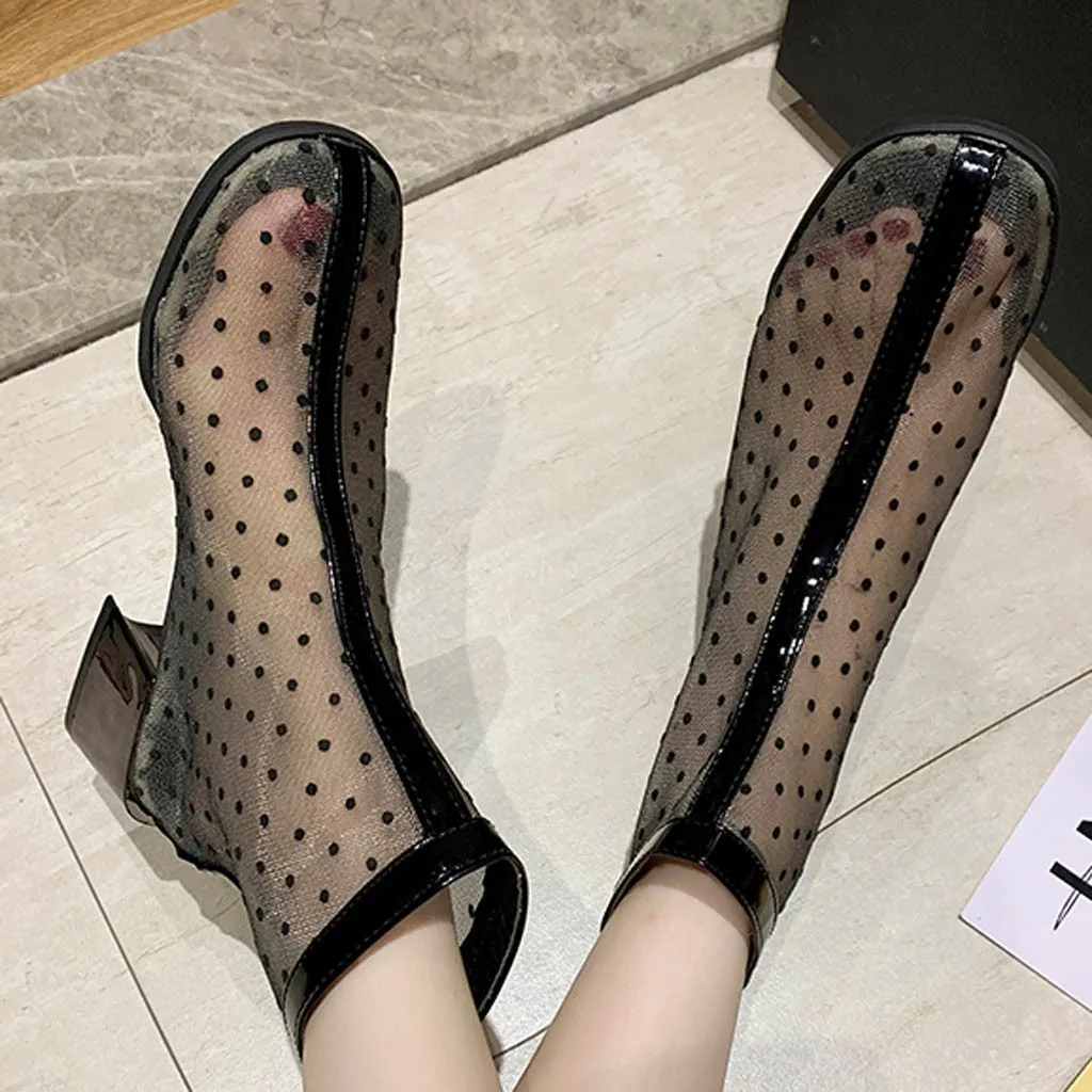 Женские ботильоны с круглым носком сетчатые Полусапоги на квадратном каблуке