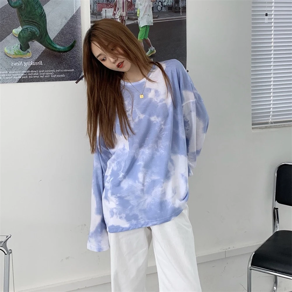 M-2XL Women Autumn O Neck Long Sleeve Loose Blouse Tie Dye Pullover Bottoming Top Women Sweetshirts Pullover Winter Clothes