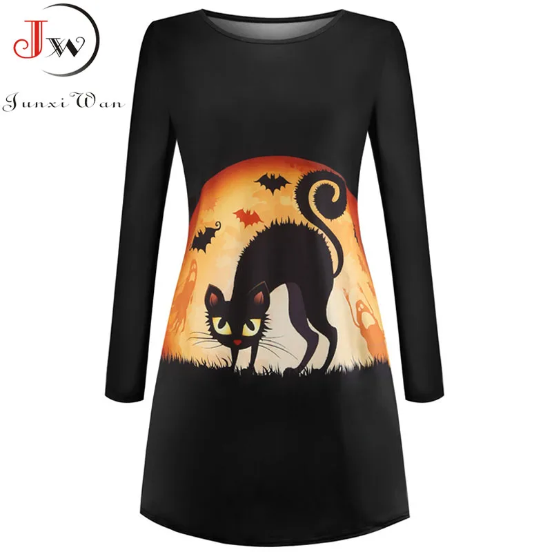 Женское офисное платье средней длины повседневное черное с принтом кота круглым