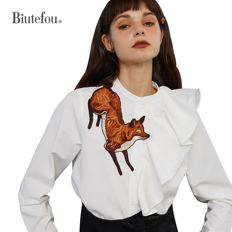 2023 Women Fox Embroidery Stand Collar Asymmetrical Wavy Ruffle Shirt