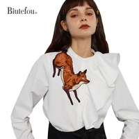 2022 spring women fox embroidery stand collar asymmetrical wavy ruffle shirt