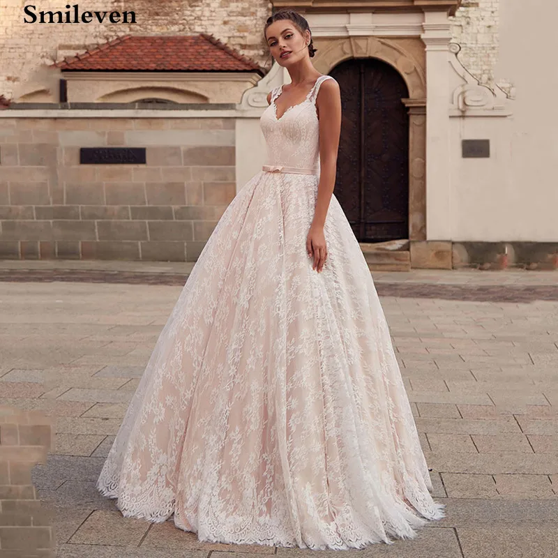 

Smileven Champagne A Line Wedding Dresses Sexy V Neck Appliques Corset Wedding Gown Bride Dress Robe de mariage