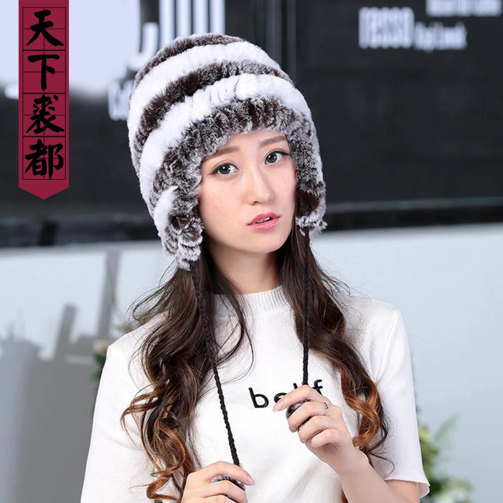 Lady Real Fur Earflap Hats Women Natural Rex Rabbit Fur Beanies Cap Russian Winter Warm Genuine Fur Hat Wholesale