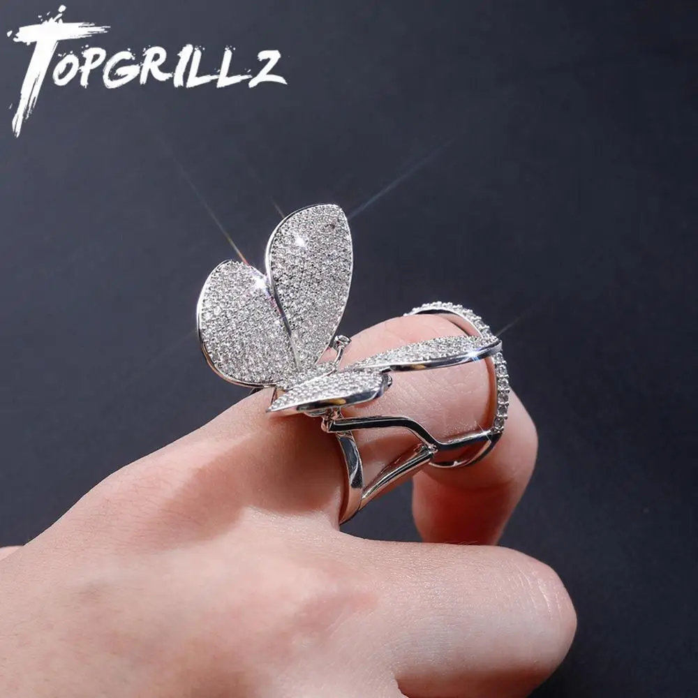 Регулируемое кольцо бабочка TOPGRILLZ, кольцо с подвижными крыльями, Женское кольцо со сверкающим кубическим цирконием, модное очаровательное женское ювелирное изделие для подарка