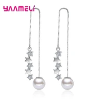 hot women girls long line star pearl pendant drop earrings 925 sterling silver cubic zirconia stars earrings big promotion