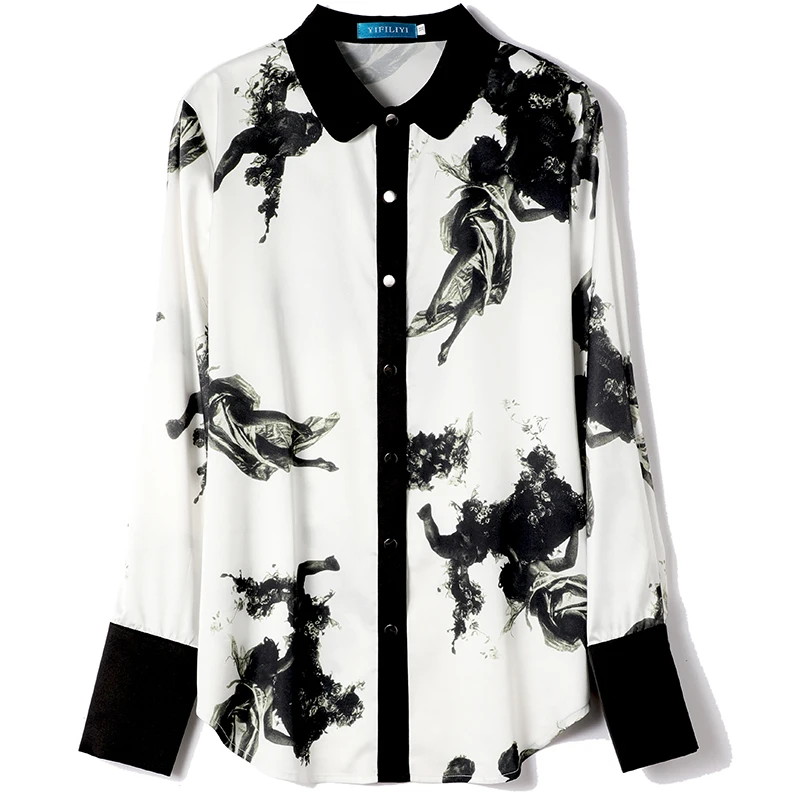 

High-quality Women Blouse Spring Autumn Long-sleeved Vintage Printed Satin Silk Shirts Women Tops Casual Chiffon Shirts Ladies