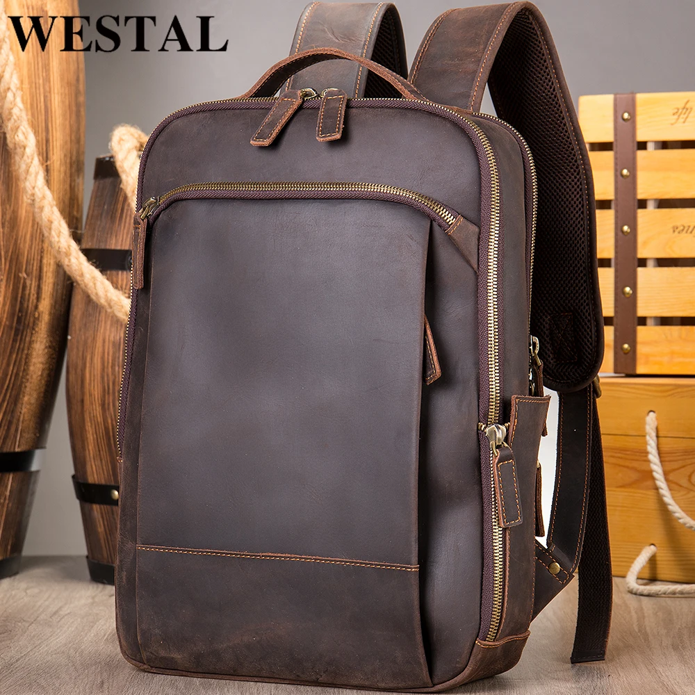 

WESTAL Man's Crazy Horse Leather Bussiness Schoolbag Fashion Vintage Laptop Backpack For Men Travel Daypack Portable Rucksack