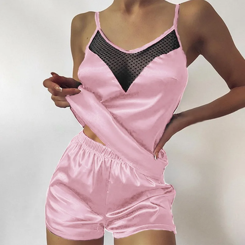 

2021 Sexy Women Lace Pajama Sets Sleeveless Strap Sleepwear 2Pcs Trim Satin Cami Top Nightwear NightGowns Lingerie Pijama Mujer