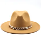 Шляпка-федора для мужчин и женщин, толстая модная фетровая шляпа с широкими полями и золотистой цепочкой, цвет верблюд, белый, на осеньзиму