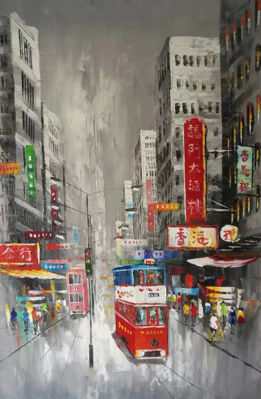 

100%Hand Painted Canvas Knife Oil Painting Abstract Hong Kong Trams Street Canvas Painting Wall Art Picture for Home Decoration