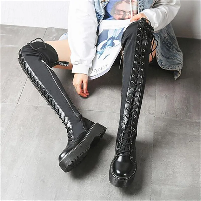 Женские высокие сапоги из эластичной ткани на шнуровке выше колена толстой