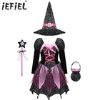 Костюм ведьмы для девочек, для карнавала, Хэллоуина, с серебряными звездами и остроконечной шляпой, платье с жезлом