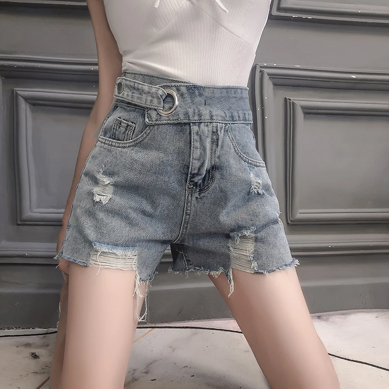 

New Arrival Summer High Waist Denim Shorts Sexy Korean Ripped Super Shorts Jeans Waistband Buckle Design Shorts Womens