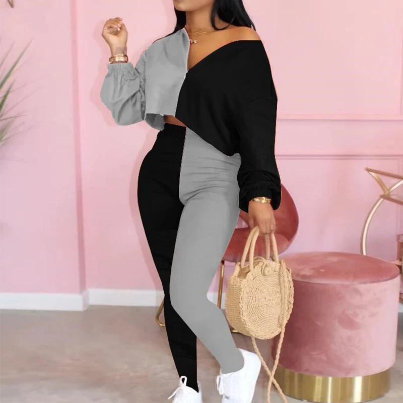 

Casual V Neck Solid Patchwork Two Piece Sets Women Long Sleeve Crop-Tops And Slim Pants Autumn Streetwear Plus Size Female Suits